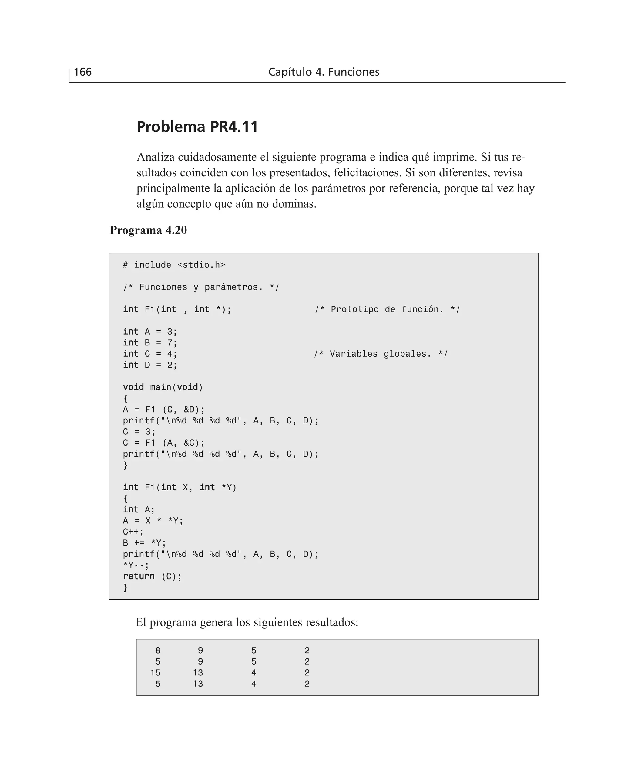 Problema PR4.11
Analiza cuidadosamente el siguiente programa e indica qué imprime. Si tus re-
sultados coinciden con los presentados, felicitaciones. Si son diferentes, revisa
principalmente la aplicación de los parámetros por referencia, porque tal vez hay
algún concepto que aún no dominas.
166 Capítulo 4. Funciones
Programa 4.20
# include <stdio.h>
/* Funciones y parámetros. */
iinntt F1(iinntt , iinntt *); /* Prototipo de función. */
iinntt A = 3;
iinntt B = 7;
iinntt C = 4; /* Variables globales. */
iinntt D = 2;
vvooiidd main(vvooiidd)
{
A = F1 (C, &D);
printf(“n%d %d %d %d”, A, B, C, D);
C = 3;
C = F1 (A, &C);
printf(“n%d %d %d %d”, A, B, C, D);
}
iinntt F1(iinntt X, iinntt *Y)
{
iinntt A;
A = X * *Y;
C++;
B += *Y;
printf(“n%d %d %d %d”, A, B, C, D);
*Y--;
rreettuurrnn (C);
}
El programa genera los siguientes resultados:
8 9 5 2
5 9 5 2
15 13 4 2
5 13 4 2
 