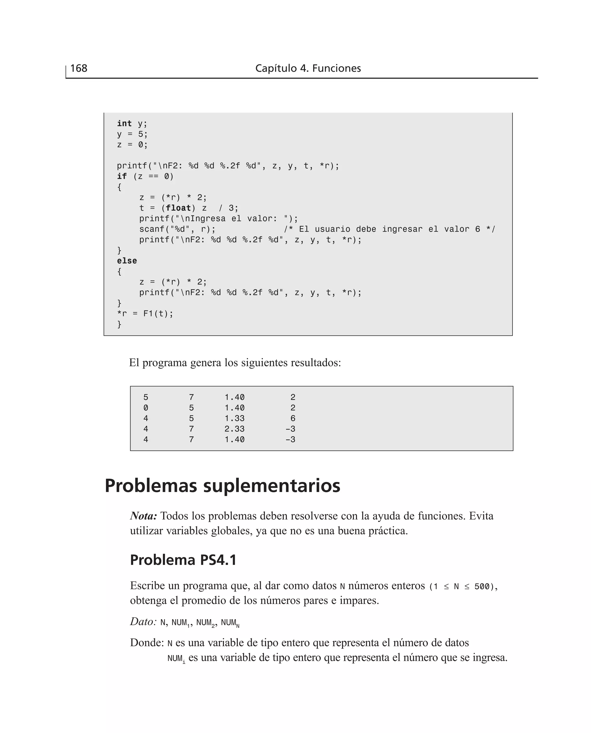 Problemas suplementarios
Nota: Todos los problemas deben resolverse con la ayuda de funciones. Evita
utilizar variables globales, ya que no es una buena práctica.
Problema PS4.1
Escribe un programa que, al dar como datos N números enteros (1 ≤ N ≤ 500),
obtenga el promedio de los números pares e impares.
Dato: N, NUM1
, NUM2
, NUMN
Donde: N es una variable de tipo entero que representa el número de datos
NUMi
es una variable de tipo entero que representa el número que se ingresa.
168 Capítulo 4. Funciones
int y;
y = 5;
z = 0;
printf(“nF2: %d %d %.2f %d”, z, y, t, *r);
if (z == 0)
{
z = (*r) * 2;
t = (float) z / 3;
printf(“nIngresa el valor: “);
scanf(“%d”, r); /* El usuario debe ingresar el valor 6 */
printf(“nF2: %d %d %.2f %d”, z, y, t, *r);
}
else
{
z = (*r) * 2;
printf(“nF2: %d %d %.2f %d”, z, y, t, *r);
}
*r = F1(t);
}
El programa genera los siguientes resultados:
5 7 1.40 2
0 5 1.40 2
4 5 1.33 6
4 7 2.33 –3
4 7 1.40 –3
 