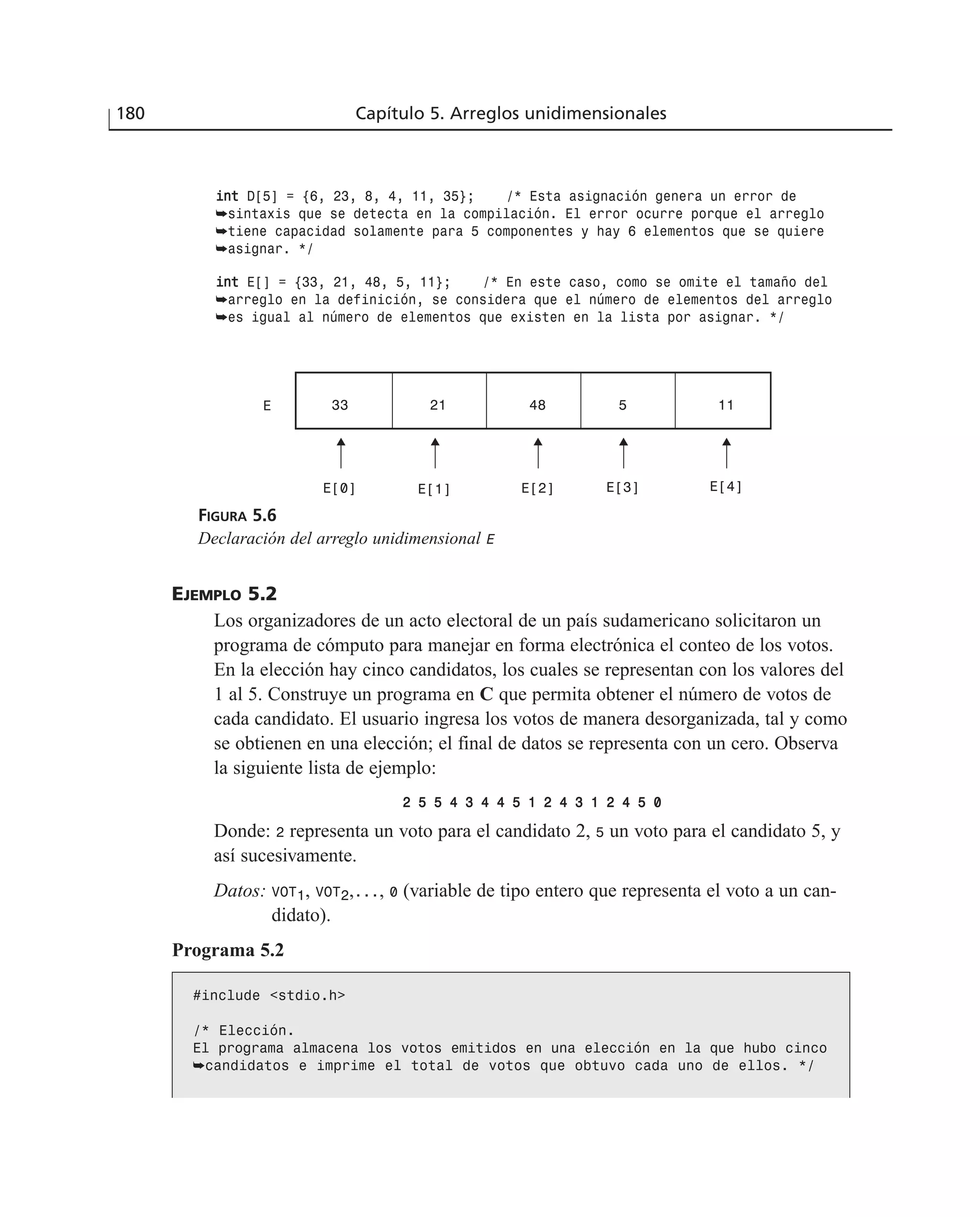 iinntt D[5] = {6, 23, 8, 4, 11, 35}; /* Esta asignación genera un error de
➥sintaxis que se detecta en la compilación. El error ocurre porque el arreglo
➥tiene capacidad solamente para 5 componentes y hay 6 elementos que se quiere
➥asignar. */
iinntt E[] = {33, 21, 48, 5, 11}; /* En este caso, como se omite el tamaño del
➥arreglo en la definición, se considera que el número de elementos del arreglo
➥es igual al número de elementos que existen en la lista por asignar. */
180 Capítulo 5. Arreglos unidimensionales
FIGURA 5.6
Declaración del arreglo unidimensional E
E 33 21 48 5 11
E[0] E[1] E[2] E[3] E[4]
EJEMPLO 5.2
Los organizadores de un acto electoral de un país sudamericano solicitaron un
programa de cómputo para manejar en forma electrónica el conteo de los votos.
En la elección hay cinco candidatos, los cuales se representan con los valores del
1 al 5. Construye un programa en C que permita obtener el número de votos de
cada candidato. El usuario ingresa los votos de manera desorganizada, tal y como
se obtienen en una elección; el final de datos se representa con un cero. Observa
la siguiente lista de ejemplo:
22 55 55 44 33 44 44 55 11 22 44 33 11 22 44 55 00
Donde: 2 representa un voto para el candidato 2, 5 un voto para el candidato 5, y
así sucesivamente.
Datos: VOT1, VOT2,..., 0 (variable de tipo entero que representa el voto a un can-
didato).
Programa 5.2
#include <stdio.h>
/* Elección.
El programa almacena los votos emitidos en una elección en la que hubo cinco
➥candidatos e imprime el total de votos que obtuvo cada uno de ellos. */
 