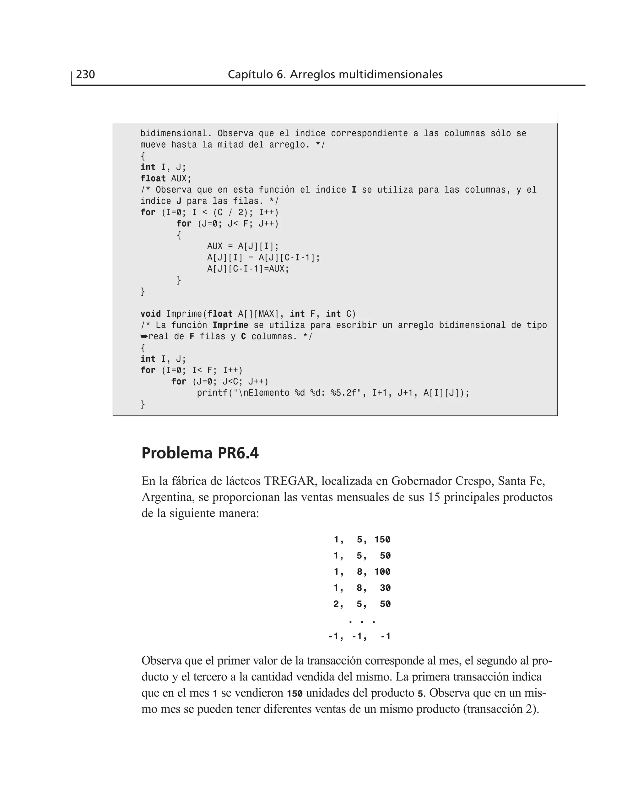 Problema PR6.4
En la fábrica de lácteos TREGAR, localizada en Gobernador Crespo, Santa Fe,
Argentina, se proporcionan las ventas mensuales de sus 15 principales productos
de la siguiente manera:
1, 5, 150
1, 5, 50
1, 8, 100
1, 8, 30
2, 5, 50
. . .
-1, -1, -1
Observa que el primer valor de la transacción corresponde al mes, el segundo al pro-
ducto y el tercero a la cantidad vendida del mismo. La primera transacción indica
que en el mes 1 se vendieron 150 unidades del producto 5. Observa que en un mis-
mo mes se pueden tener diferentes ventas de un mismo producto (transacción 2).
230 Capítulo 6. Arreglos multidimensionales
bidimensional. Observa que el índice correspondiente a las columnas sólo se
mueve hasta la mitad del arreglo. */
{
int I, J;
float AUX;
/* Observa que en esta función el índice I se utiliza para las columnas, y el
índice J para las filas. */
for (I=0; I < (C / 2); I++)
for (J=0; J< F; J++)
{
AUX = A[J][I];
A[J][I] = A[J][C-I-1];
A[J][C-I-1]=AUX;
}
}
void Imprime(float A[][MAX], int F, int C)
/* La función Imprime se utiliza para escribir un arreglo bidimensional de tipo
➥real de F filas y C columnas. */
{
int I, J;
for (I=0; I< F; I++)
for (J=0; J<C; J++)
printf(”nElemento %d %d: %5.2f”, I+1, J+1, A[I][J]);
}
 