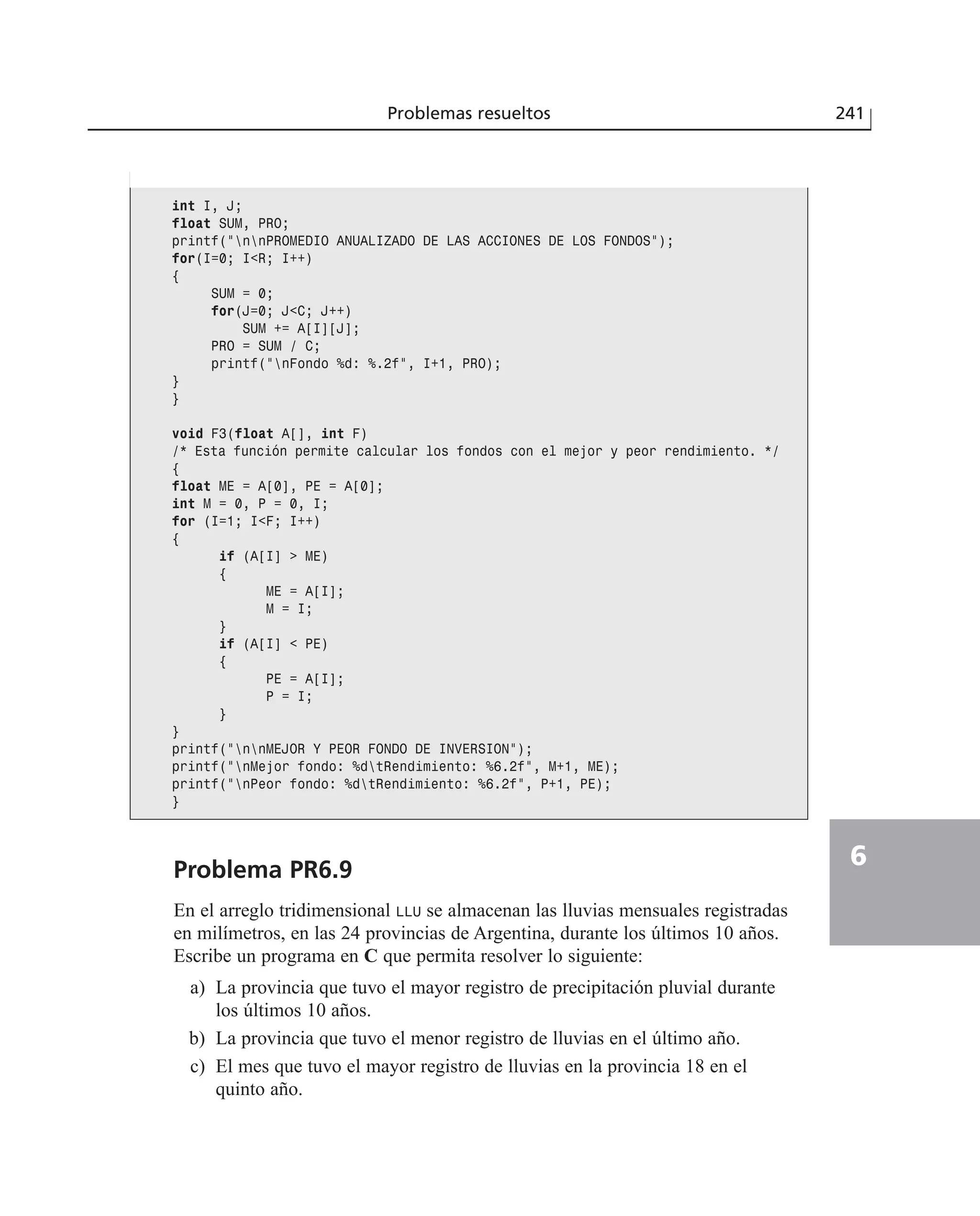 Problema PR6.9
En el arreglo tridimensional LLU se almacenan las lluvias mensuales registradas
en milímetros, en las 24 provincias de Argentina, durante los últimos 10 años.
Escribe un programa en C que permita resolver lo siguiente:
a) La provincia que tuvo el mayor registro de precipitación pluvial durante
los últimos 10 años.
b) La provincia que tuvo el menor registro de lluvias en el último año.
c) El mes que tuvo el mayor registro de lluvias en la provincia 18 en el
quinto año.
Problemas resueltos 241
6
int I, J;
float SUM, PRO;
printf(”nnPROMEDIO ANUALIZADO DE LAS ACCIONES DE LOS FONDOS”);
for(I=0; I<R; I++)
{
SUM = 0;
for(J=0; J<C; J++)
SUM += A[I][J];
PRO = SUM / C;
printf(”nFondo %d: %.2f”, I+1, PRO);
}
}
void F3(float A[], int F)
/* Esta función permite calcular los fondos con el mejor y peor rendimiento. */
{
float ME = A[0], PE = A[0];
int M = 0, P = 0, I;
for (I=1; I<F; I++)
{
if (A[I] > ME)
{
ME = A[I];
M = I;
}
if (A[I] < PE)
{
PE = A[I];
P = I;
}
}
printf(”nnMEJOR Y PEOR FONDO DE INVERSION”);
printf(”nMejor fondo: %dtRendimiento: %6.2f”, M+1, ME);
printf(”nPeor fondo: %dtRendimiento: %6.2f”, P+1, PE);
}
 