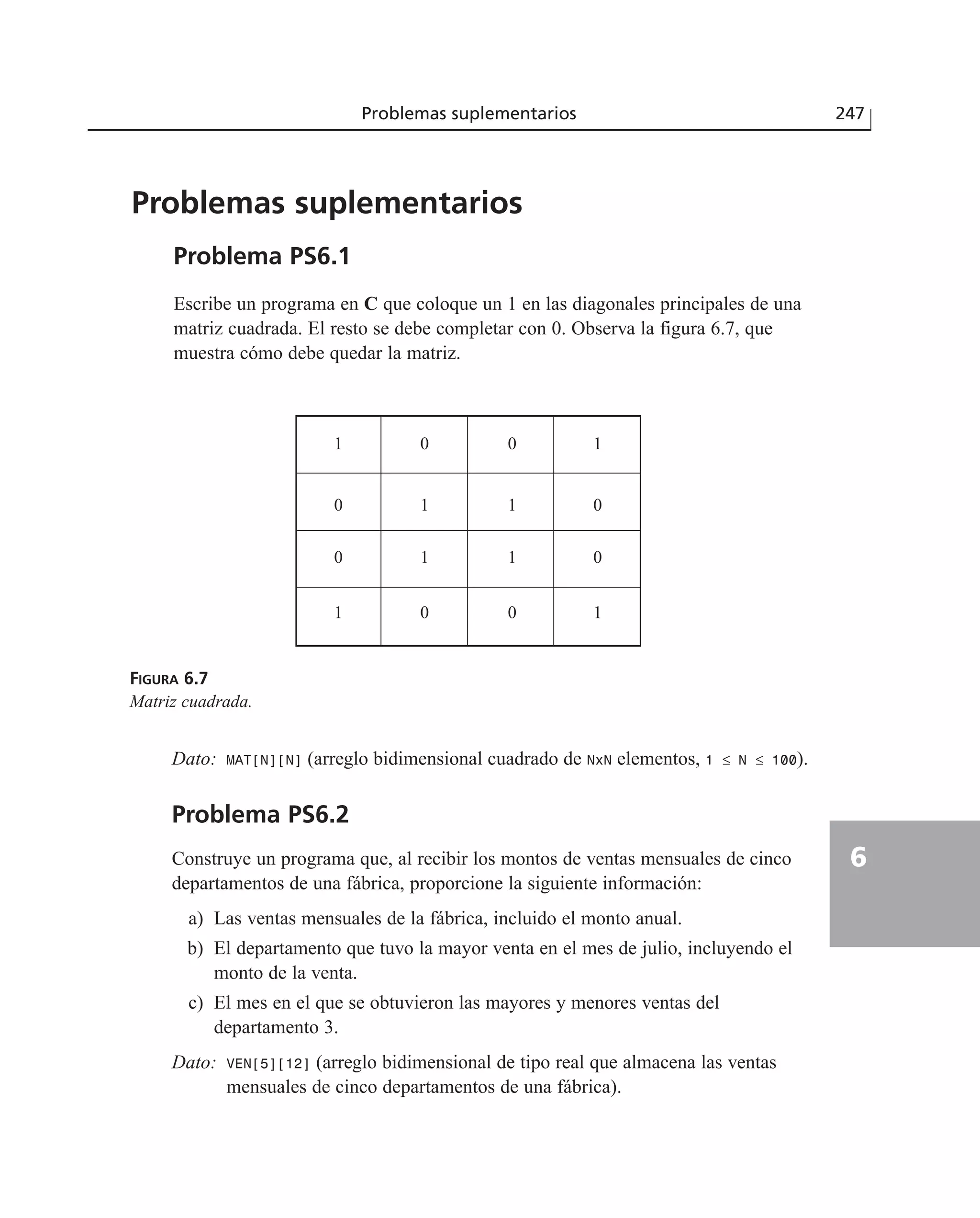 Problemas suplementarios
Problema PS6.1
Escribe un programa en C que coloque un 1 en las diagonales principales de una
matriz cuadrada. El resto se debe completar con 0. Observa la figura 6.7, que
muestra cómo debe quedar la matriz.
Problemas suplementarios 247
6
FIGURA 6.7
Matriz cuadrada.
1 0 0 1
0 1 1 0
0 1 1 0
1 0 0 1
Dato: MAT[N][N] (arreglo bidimensional cuadrado de NxN elementos, 1 ≤ N ≤ 100).
Problema PS6.2
Construye un programa que, al recibir los montos de ventas mensuales de cinco
departamentos de una fábrica, proporcione la siguiente información:
a) Las ventas mensuales de la fábrica, incluido el monto anual.
b) El departamento que tuvo la mayor venta en el mes de julio, incluyendo el
monto de la venta.
c) El mes en el que se obtuvieron las mayores y menores ventas del
departamento 3.
Dato: VEN[5][12] (arreglo bidimensional de tipo real que almacena las ventas
mensuales de cinco departamentos de una fábrica).
 
