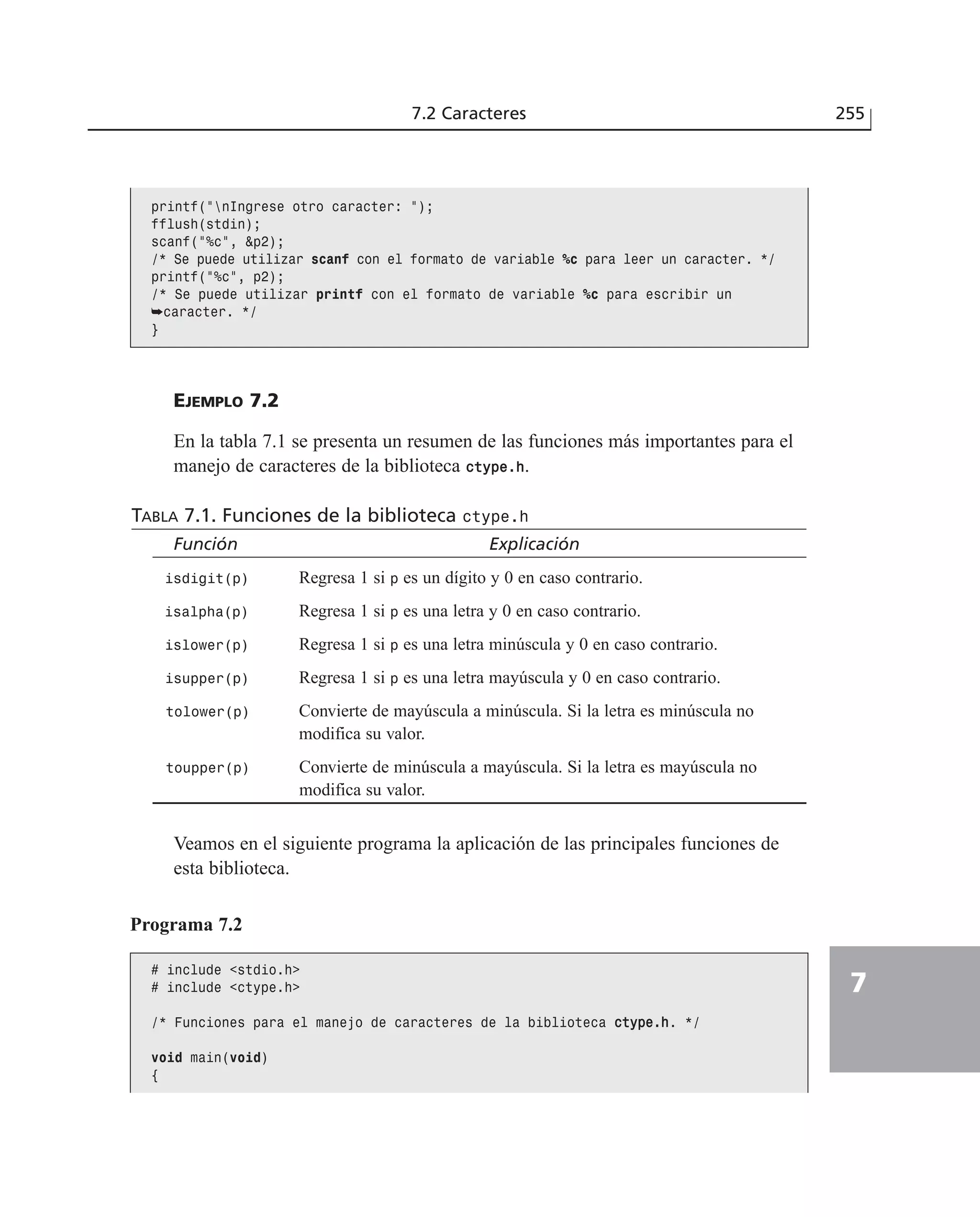 EJEMPLO 7.2
En la tabla 7.1 se presenta un resumen de las funciones más importantes para el
manejo de caracteres de la biblioteca ccttyyppee..hh.
TABLA 7.1. Funciones de la biblioteca ctype.h
Función Explicación
isdigit(p) Regresa 1 si p es un dígito y 0 en caso contrario.
isalpha(p) Regresa 1 si p es una letra y 0 en caso contrario.
islower(p) Regresa 1 si p es una letra minúscula y 0 en caso contrario.
isupper(p) Regresa 1 si p es una letra mayúscula y 0 en caso contrario.
tolower(p) Convierte de mayúscula a minúscula. Si la letra es minúscula no
modifica su valor.
toupper(p) Convierte de minúscula a mayúscula. Si la letra es mayúscula no
modifica su valor.
Veamos en el siguiente programa la aplicación de las principales funciones de
esta biblioteca.
7.2 Caracteres 255
7
printf(”nIngrese otro caracter: ”);
fflush(stdin);
scanf(”%c”, &p2);
/* Se puede utilizar scanf con el formato de variable %c para leer un caracter. */
printf(”%c”, p2);
/* Se puede utilizar printf con el formato de variable %c para escribir un
➥caracter. */
}
Programa 7.2
# include <stdio.h>
# include <ctype.h>
/* Funciones para el manejo de caracteres de la biblioteca ccttyyppee..hh. */
void main(void)
{
 