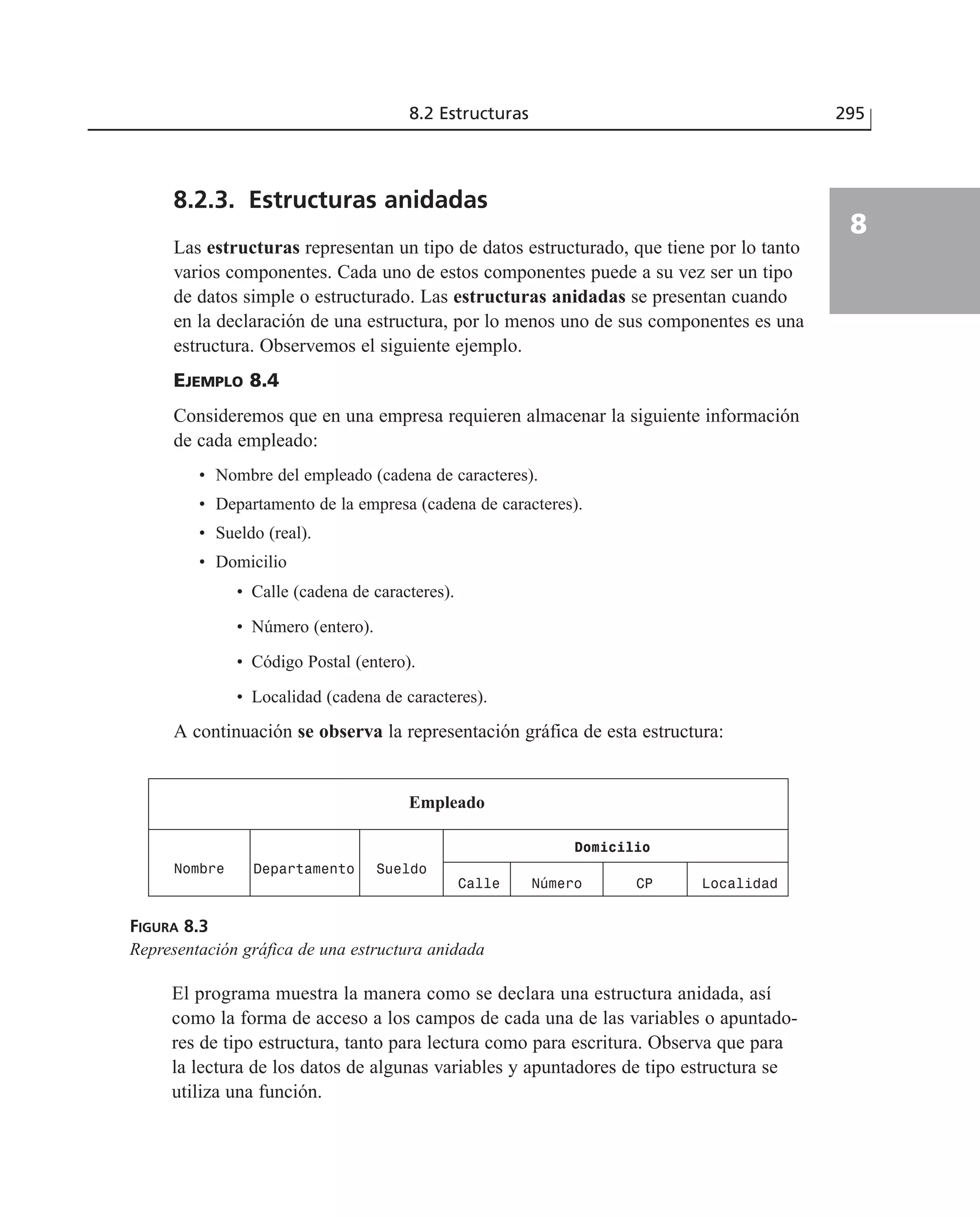 8.2.3. Estructuras anidadas
Las estructuras representan un tipo de datos estructurado, que tiene por lo tanto
varios componentes. Cada uno de estos componentes puede a su vez ser un tipo
de datos simple o estructurado. Las estructuras anidadas se presentan cuando
en la declaración de una estructura, por lo menos uno de sus componentes es una
estructura. Observemos el siguiente ejemplo.
EJEMPLO 8.4
Consideremos que en una empresa requieren almacenar la siguiente información
de cada empleado:
• Nombre del empleado (cadena de caracteres).
• Departamento de la empresa (cadena de caracteres).
• Sueldo (real).
• Domicilio
• Calle (cadena de caracteres).
• Número (entero).
• Código Postal (entero).
• Localidad (cadena de caracteres).
A continuación se observa la representación gráfica de esta estructura:
8.2 Estructuras 295
8
Nombre Departamento Sueldo
Calle Número CP Localidad
Domicilio
Empleado
FIGURA 8.3
Representación gráfica de una estructura anidada
El programa muestra la manera como se declara una estructura anidada, así
como la forma de acceso a los campos de cada una de las variables o apuntado-
res de tipo estructura, tanto para lectura como para escritura. Observa que para
la lectura de los datos de algunas variables y apuntadores de tipo estructura se
utiliza una función.
 