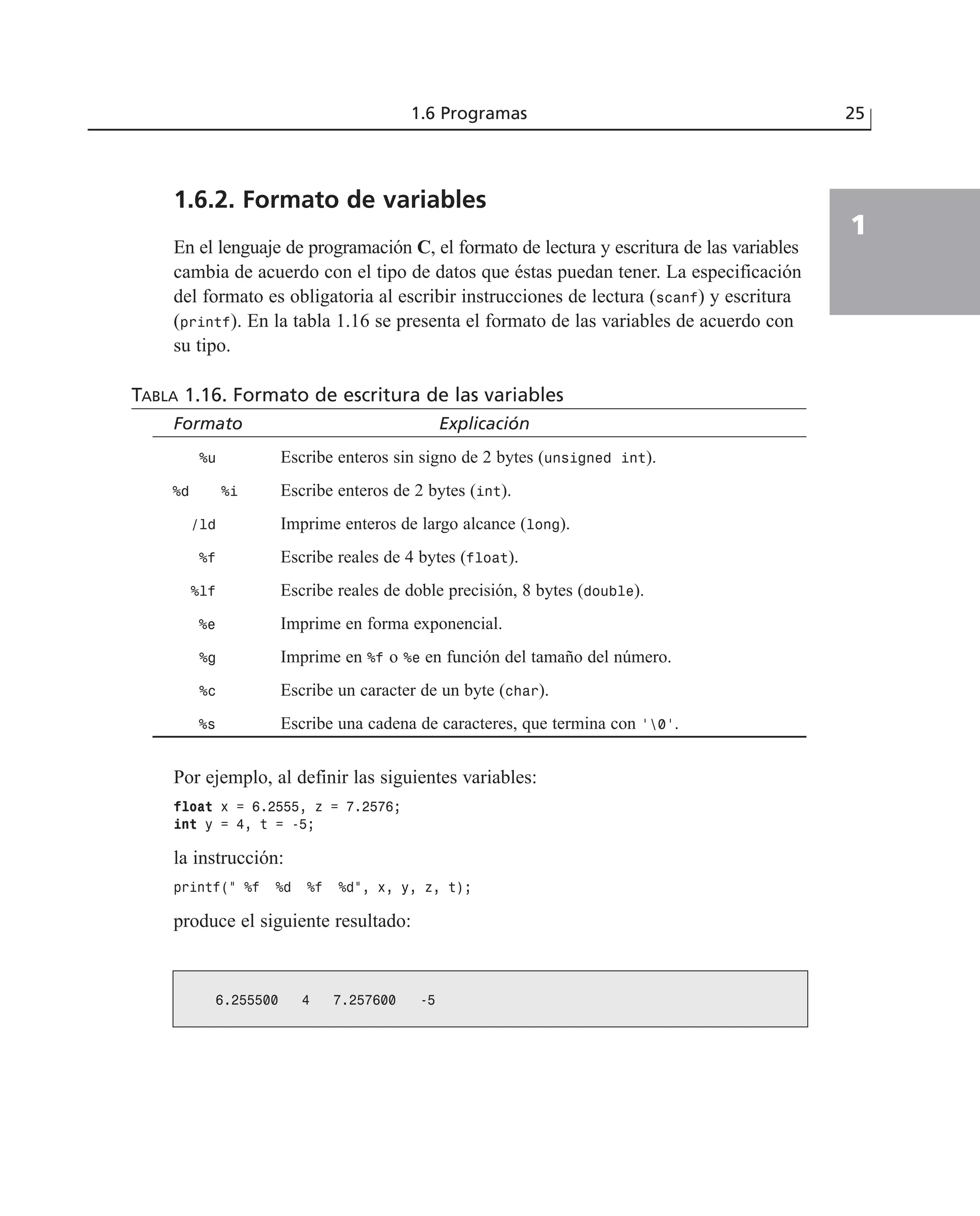 1.6.2. Formato de variables
En el lenguaje de programación C, el formato de lectura y escritura de las variables
cambia de acuerdo con el tipo de datos que éstas puedan tener. La especificación
del formato es obligatoria al escribir instrucciones de lectura (scanf) y escritura
(printf). En la tabla 1.16 se presenta el formato de las variables de acuerdo con
su tipo.
TABLA 1.16. Formato de escritura de las variables
Formato Explicación
%u Escribe enteros sin signo de 2 bytes (unsigned int).
%d %i Escribe enteros de 2 bytes (int).
/ld Imprime enteros de largo alcance (long).
%f Escribe reales de 4 bytes (float).
%lf Escribe reales de doble precisión, 8 bytes (double).
%e Imprime en forma exponencial.
%g Imprime en %f o %e en función del tamaño del número.
%c Escribe un caracter de un byte (char).
%s Escribe una cadena de caracteres, que termina con ‘0’.
Por ejemplo, al definir las siguientes variables:
float x = 6.2555, z = 7.2576;
int y = 4, t = -5;
la instrucción:
printf(“ %f %d %f %d”, x, y, z, t);
produce el siguiente resultado:
1.6 Programas 25
1
6.255500 4 7.257600 -5
 