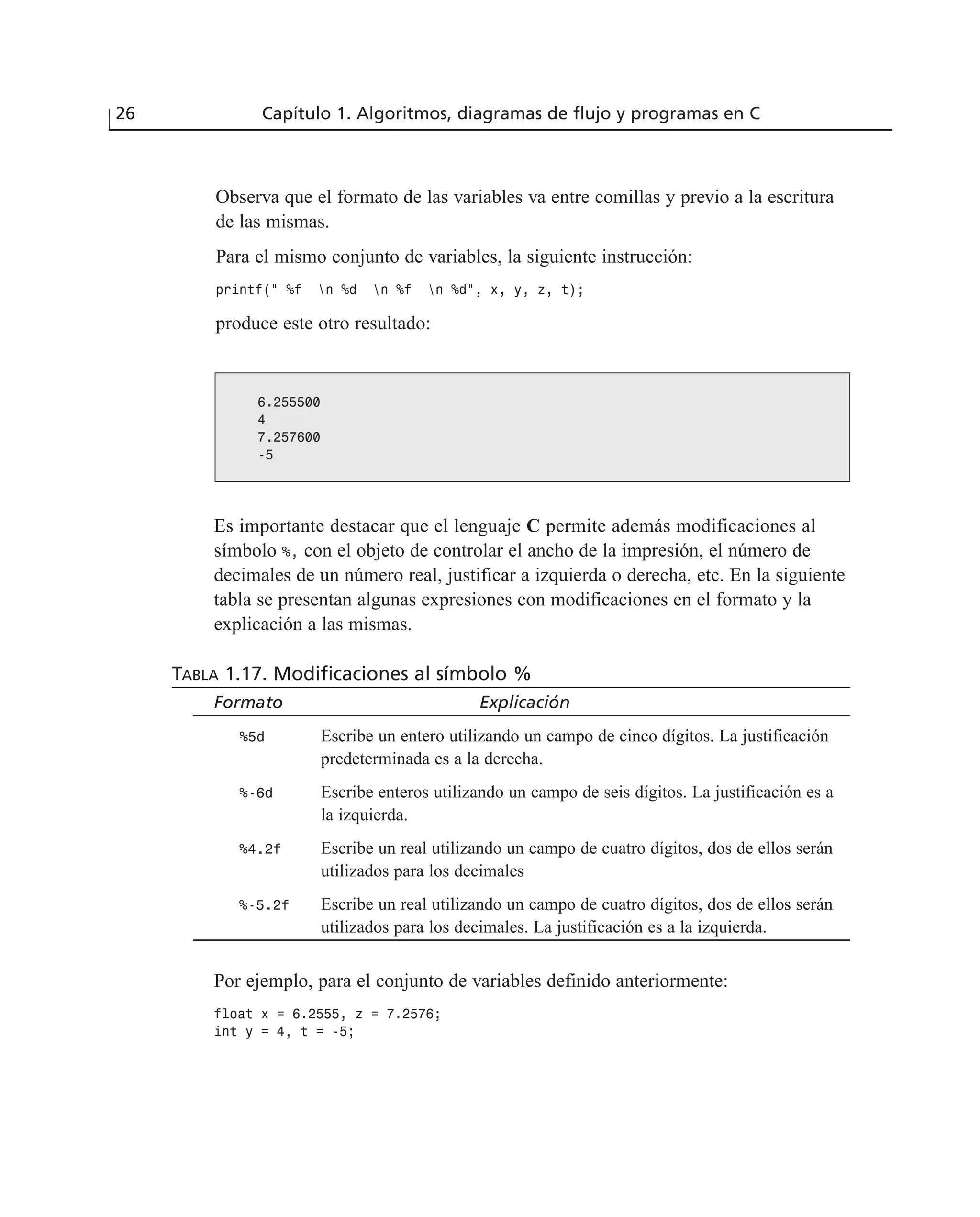Observa que el formato de las variables va entre comillas y previo a la escritura
de las mismas.
Para el mismo conjunto de variables, la siguiente instrucción:
printf(“ %f n %d n %f n %d”, x, y, z, t);
produce este otro resultado:
26 Capítulo 1. Algoritmos, diagramas de flujo y programas en C
6.255500
4
7.257600
-5
Es importante destacar que el lenguaje C permite además modificaciones al
símbolo %, con el objeto de controlar el ancho de la impresión, el número de
decimales de un número real, justificar a izquierda o derecha, etc. En la siguiente
tabla se presentan algunas expresiones con modificaciones en el formato y la
explicación a las mismas.
TABLA 1.17. Modificaciones al símbolo %
Formato Explicación
%5d Escribe un entero utilizando un campo de cinco dígitos. La justificación
predeterminada es a la derecha.
%-6d Escribe enteros utilizando un campo de seis dígitos. La justificación es a
la izquierda.
%4.2f Escribe un real utilizando un campo de cuatro dígitos, dos de ellos serán
utilizados para los decimales
%-5.2f Escribe un real utilizando un campo de cuatro dígitos, dos de ellos serán
utilizados para los decimales. La justificación es a la izquierda.
Por ejemplo, para el conjunto de variables definido anteriormente:
float x = 6.2555, z = 7.2576;
int y = 4, t = -5;
 