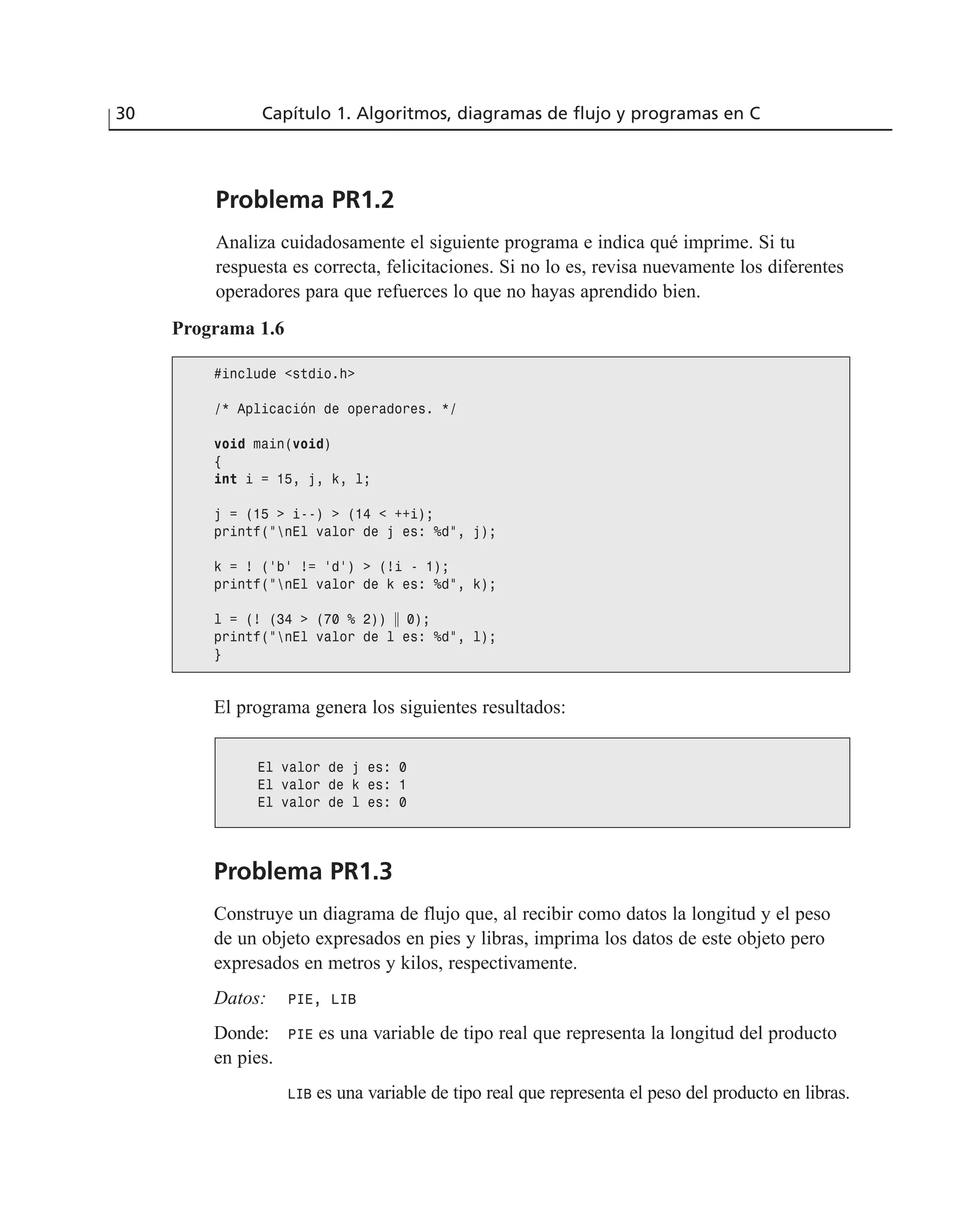 Problema PR1.2
Analiza cuidadosamente el siguiente programa e indica qué imprime. Si tu
respuesta es correcta, felicitaciones. Si no lo es, revisa nuevamente los diferentes
operadores para que refuerces lo que no hayas aprendido bien.
30 Capítulo 1. Algoritmos, diagramas de flujo y programas en C
Programa 1.6
#include <stdio.h>
/* Aplicación de operadores. */
void main(void)
{
int i = 15, j, k, l;
j = (15 > i--) > (14 < ++i);
printf(“nEl valor de j es: %d”, j);
k = ! (‘b’ != ‘d’) > (!i - 1);
printf(“nEl valor de k es: %d”, k);
l = (! (34 > (70 % 2)) ʈ 0);
printf(“nEl valor de l es: %d”, l);
}
El programa genera los siguientes resultados:
El valor de j es: 0
El valor de k es: 1
El valor de l es: 0
Problema PR1.3
Construye un diagrama de flujo que, al recibir como datos la longitud y el peso
de un objeto expresados en pies y libras, imprima los datos de este objeto pero
expresados en metros y kilos, respectivamente.
Datos: PIE, LIB
Donde: PIE es una variable de tipo real que representa la longitud del producto
en pies.
LIB es una variable de tipo real que representa el peso del producto en libras.
 