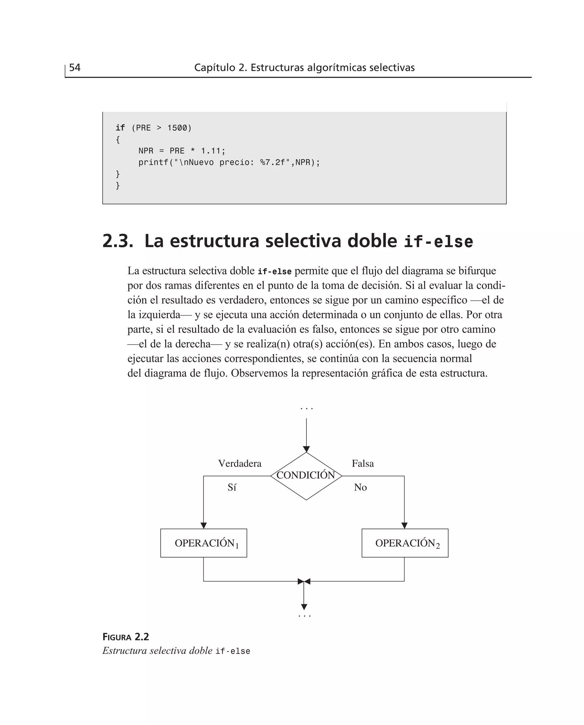 54 Capítulo 2. Estructuras algorítmicas selectivas
iiff (PRE > 1500)
{
NPR = PRE * 1.11;
printf(“nNuevo precio: %7.2f”,NPR);
}
}
2.3. La estructura selectiva doble if-else
La estructura selectiva doble if-else permite que el flujo del diagrama se bifurque
por dos ramas diferentes en el punto de la toma de decisión. Si al evaluar la condi-
ción el resultado es verdadero, entonces se sigue por un camino específico —el de
la izquierda— y se ejecuta una acción determinada o un conjunto de ellas. Por otra
parte, si el resultado de la evaluación es falso, entonces se sigue por otro camino
—el de la derecha— y se realiza(n) otra(s) acción(es). En ambos casos, luego de
ejecutar las acciones correspondientes, se continúa con la secuencia normal
del diagrama de flujo. Observemos la representación gráfica de esta estructura.
CONDICIÓN
OPERACIÓN1 OPERACIÓN2
. . .
FalsaVerdadera
Sí No
. . .
FIGURA 2.2
Estructura selectiva doble if-else
 