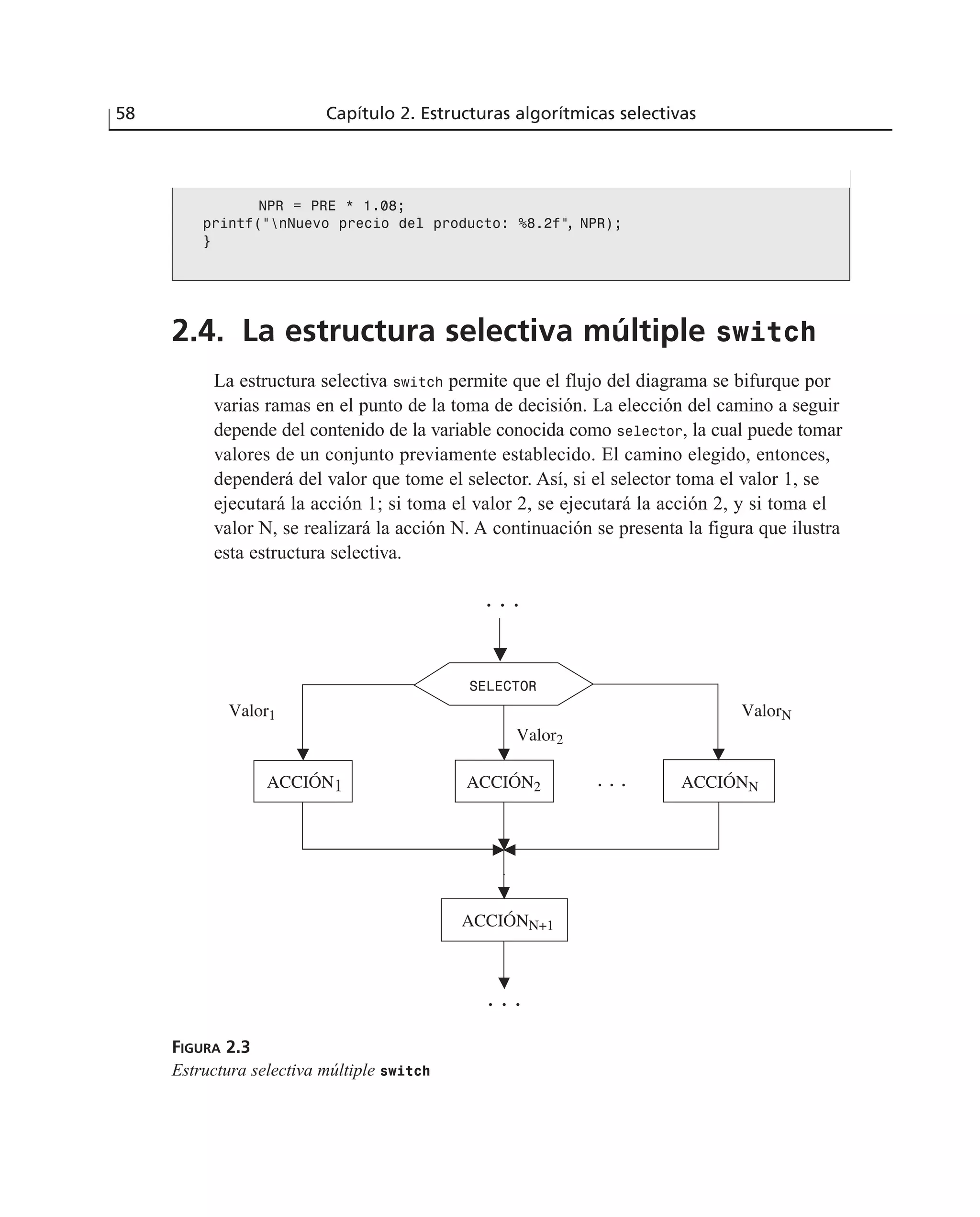 58 Capítulo 2. Estructuras algorítmicas selectivas
2.4. La estructura selectiva múltiple switch
La estructura selectiva switch permite que el flujo del diagrama se bifurque por
varias ramas en el punto de la toma de decisión. La elección del camino a seguir
depende del contenido de la variable conocida como selector, la cual puede tomar
valores de un conjunto previamente establecido. El camino elegido, entonces,
dependerá del valor que tome el selector. Así, si el selector toma el valor 1, se
ejecutará la acción 1; si toma el valor 2, se ejecutará la acción 2, y si toma el
valor N, se realizará la acción N. A continuación se presenta la figura que ilustra
esta estructura selectiva.
. . .
. . .
. . .
SELECTOR
ACCIÓN2 ACCIÓNNACCIÓN1
Valor1 ValorN
Valor2
ACCIÓNN+1
FIGURA 2.3
Estructura selectiva múltiple switch
NPR = PRE * 1.08;
printf(“nNuevo precio del producto: %8.2f”, NPR);
}
 