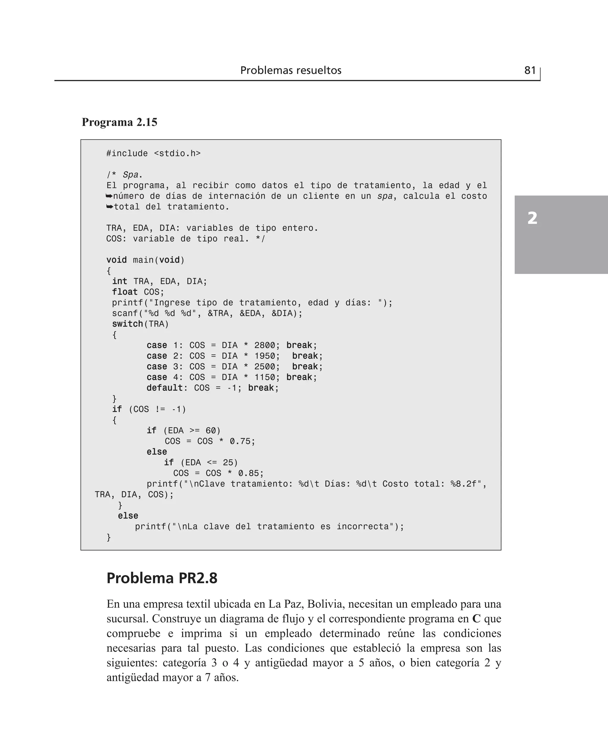 Programa 2.15
#include <stdio.h>
/* Spa.
El programa, al recibir como datos el tipo de tratamiento, la edad y el
➥número de días de internación de un cliente en un spa, calcula el costo
➥total del tratamiento.
TRA, EDA, DIA: variables de tipo entero.
COS: variable de tipo real. */
vvooiidd main(vvooiidd)
{
iinntt TRA, EDA, DIA;
ffllooaatt COS;
printf(“Ingrese tipo de tratamiento, edad y días: “);
scanf(“%d %d %d”, &TRA, &EDA, &DIA);
sswwiittcchh(TRA)
{
ccaassee 1: COS = DIA * 2800; bbrreeaakk;
ccaassee 2: COS = DIA * 1950; bbrreeaakk;
ccaassee 3: COS = DIA * 2500; bbrreeaakk;
ccaassee 4: COS = DIA * 1150; bbrreeaakk;
ddeeffaauulltt: COS = -1; bbrreeaakk;
}
iiff (COS != -1)
{
iiff (EDA >= 60)
COS = COS * 0.75;
eellssee
iiff (EDA <= 25)
COS = COS * 0.85;
printf(“nClave tratamiento: %dt Días: %dt Costo total: %8.2f”,
TRA, DIA, COS);
}
eellssee
printf(“nLa clave del tratamiento es incorrecta”);
}
Problemas resueltos 81
2
Problema PR2.8
En una empresa textil ubicada en La Paz, Bolivia, necesitan un empleado para una
sucursal. Construye un diagrama de flujo y el correspondiente programa en C que
compruebe e imprima si un empleado determinado reúne las condiciones
necesarias para tal puesto. Las condiciones que estableció la empresa son las
siguientes: categoría 3 o 4 y antigüedad mayor a 5 años, o bien categoría 2 y
antigüedad mayor a 7 años.
 