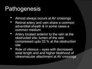 Pathogenesis
• Almost always occurs at AV crossings
• Retinal artery and vein share a common
adventitial sheath & in some cases a
common medium
• Artery located anterior to the vein at the
obstructed site; lumen of the vein
compressed upto 33 % at the obstruction
site
• Role of vitreous – eyes with decreased
axial length and and higher likelihood of
vitreomacular attachment at AV crossings
 