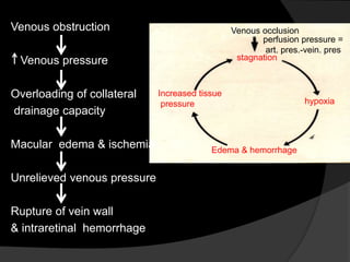 Venous occlusion
stagnation
hypoxia
Edema & hemorrhage
Increased tissue
pressure
perfusion pressure =
art. pres.-vein. pres.
Venous obstruction
Venous pressure
Overloading of collateral
drainage capacity
Macular edema & ischemia
Unrelieved venous pressure
Rupture of vein wall
& intraretinal hemorrhage
 