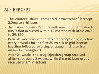 ALFIBERCEPT
 The VIBRANT study- compared intravitreal aflibercept
2.0mg to grid laser.
 Inclusion criteria - Patients with macular edema due to
BRVO that occurred within 12 months with BCVA 20/40
to 20/320.
 Patients were randomized to aflibercept drug injections
every 4 weeks for the first 20 weeks or grid laser at
baseline followed by a single rescue grid laser from
weeks 12 through 20.
 After 24 weeks, the drug injection group received
alfibercept every 8 weeks, while the grid laser group
received sham injections.
 