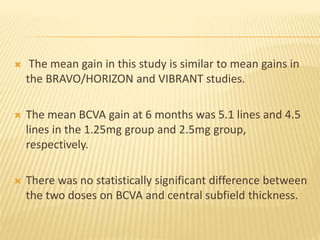  The mean gain in this study is similar to mean gains in
the BRAVO/HORIZON and VIBRANT studies.
 The mean BCVA gain at 6 months was 5.1 lines and 4.5
lines in the 1.25mg group and 2.5mg group,
respectively.
 There was no statistically significant difference between
the two doses on BCVA and central subfield thickness.
 