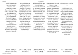 17/06/2015 BR WEEK 2015
http://brweek.com.br/hotsite/ 12/41
Junior, contabilista e
Administrador de
empresas com
especialização em
Economia e Mercados e
MBA CTI pela FEA-USP;
pós-graduado em
Gestão Empresarial pela
PUC-SP; MBA em
Gestão de Shopping
Centers pela FGV-SP.
Ocupou cargos de
direção e
superintendência no
Banco Bradesco,
Açotubo e Associação
Brasileira de Shopping
Centers (Abrasce).
Vice-Presidente de
Operações da Via
Varejo, empresa que
administra as marcas
Casas Bahia e Pontofrio.
Economista, atuou como
presidente do Pontofrio,
foi Diretor Regional e de
Operações da CBD e
Diretor de Operações da
Sendas Distribuidora.
Seu currículo inclui
ainda 15 anos de
atuação no Carrefour,
nas áreas de Operações,
Recursos Humanos e
Contabilidade.
Atual responsável pela
implementação e
consolidação da área de
RH estratégico da Ancar
Ivanhoe, Leia Cardoso
trabalhou por sete anos
como consultora
empresarial em
companhias do Centro
Oeste e Norte. Formada
em Psicologia, Leia
possui pós-graduação
em Comportamento
Humano nas
Organizações e
certificação de Personal
e Professional Coaching.
Graduada em Gestão de
Marketing pela
Universidade Candido
Mendes, com MBA em
Gestão de Pessoas pela
FGV e MBA extensão
em Varejo Internacional
pela Universidade de
Youngstown (EUA),
possui experiência de 25
anos em gestão de
varejo. Implementa
estratégias focadas na
satisfação do cliente,
aumento de vendas,
maximização das
margens, controle das
despesas e aumento da
lucratividade.
MERCHANDISING – LOJÃO DO
BRAS
Administradora de
empresas especializada
em marketing e finanças
(ESPM) e advogada
(PUC/SP), com atuação
no mercado de varejo
para baixa renda há mais
de 8 anos. Pós-graduada
em marketing pela
FIA/USP, possui ampla
experiência nas áreas de
costumer experience,
branding, gestão de
marcas, varejo, visual
merchandising,
shopping center e
tenant mix
BRUNO ANDRADE
DIRETOR DE FRANCHISING -
JOÃO APPOLINÁRIO
PRESIDENTE DA
JOÃO BAPTISTA DA
SILVA JUNIOR
IVAN MURIAS
DIRETOR DE FORMATAÇÃO
JOÃO PEDRO SERRA
VICE-PRESIDENTE
 