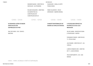 17/06/2015 BR WEEK 2015
http://brweek.com.br/hotsite/ 32/41
WAGNER BUENO ­ DIRETOR DE
SERVIÇOS ­ ELETROZEMA 
REJANE NOGUEIRA ­ DIRETORA
DE MARKETING DA
CONSTRUDECOR ­
CONSTRUDECOR S.A
FUNDADOR ­ VANILLA CAFFÉ
FRANCHISING 
FÁBIO CALDERON ­ SÓCIO
OPERADOR ­ SBARRO BRASIL
12H00 ­ 12H30 12H00 ­ 12H30 12H30 ­ 13H00 12H30 ­ 13H00
AS GRANDES LIÇÕES DO MAIOR
ESPECIALISTA EM
DISTRIBUIÇÃO DO PAÍS 
WALTER FARIA ­ CEO ­ GRUPO
MARTINS
A MAIOR TRANFORMAÇÃO DE
DESIGN DO VAREJO DO BRASIL
A TECNOLOGIA SERVIÇO DA
EFICIÊNCIA DA SUA LOJA
MEDIADOR: 
SILVIO LABAN ­ ASSOCIATE DEAN
E PROFESSOR ­ INSPER 
FERNANDO FANIZZI ­ DIRETOR DE
TI ­ ÓTICAS DINIZ 
JÚLIO BAIÃO ­ DIRETOR DE TI ­ VIA
VAREJO 
LAÉRCIO RIBEIRO ARO ­ DIRETOR
DE TI ­ LOJAS AVENIDA 
HÉLIO MATSUMOTO ­ CIO ­ C&A
MODAS
12H30 – 14H00 | ALMOÇO E VISITA À EXPOSIÇÃO
 