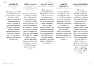 17/06/2015 BR WEEK 2015
http://brweek.com.br/hotsite/ 4/41
FABIO BONFÁ
COUNTRY MANAGER -
PRIVALIA
Formado em marketing
pela PUC-Campinas e
pós-graduado em gestão
pela FGV e Babson
College, é atualmente o
Country Manager da
Privalia e comanda as
operações da empresa
no Brasil. O executivo
ocupou cargos de
liderança em diversos e-
commerces de peso,
entre eles Centauro,
Submarino, Extra.com e
Walmart.com.
CRISTINA FRANCO
PRESIDENTE - ABF
(ASSOCIAÇÃO BRASILEIRA DE
FRANCHISING)
Assumiu a presidência
da ABF em janeiro de
2013, tendo atuado
como presidente da
Comissão de Ética da
associação por seis anos.
Foi sócia-fundadora da
BIT Company, é formada
em Serviço Social pela
PUC/SP, fez extensão
universitária em Gestão
de RH pela FGV e possui
MBA em Varejo e
Franchising pela FIA.
Atuou como executiva
em indústrias nacionais
e multinacionais das
áreas metalúrgica e
química.
ADRIANO ARAUJO
DIRETOR GERAL - DUNNHMBY
Diretor geral da
dunnhumby, empresa
líder global em ciência
do consumidor, no
Brasil. No país, a
empresa tem parceria
com alguns dos maiores
varejistas nacionais,
como GPA, Raia
Drogasil e Marisa. No
mundo, a dunnhumby
atende clientes como
Tesco, Macy’s, Kroger,
Exito, GNC, Metro e
Monoprix, ajudando
varejistas e marcas da
indústria e fidelizar os
consumidores.
ALBERTO
SERRENTINO
FUNDADOR - VARESE RETAIL
Fundador da Varese
Retail, boutique de
estratégia de varejo.
Consultor com mais de
20 anos de experiência
em varejo e consumo,
tendo liderado mais de
100 projetos para
empresas brasileiras e
internacionais. É
autor/coautor de sete
livros e tem mais de 300
artigos apresentados em
publicações no País e no
exterior.
ALEXANDRE GUERRA
PRESIDENTE - GIRAFFAS
Mestre em
Administração pelo
INSPER, tem Master
Management na École
Supérieure des Affaires
(ESA) da Universidade
Pierre Mendès, em
Grenoble, na França, e
MBA com foco em
comércio internacional
pela USP. Iniciou sua
carreira no Giraffas em
1998 na área de Gestão
de Restaurantes. Anos
depois, seguiu para a
área financeira. Em
2005, retornou ao
Giraffas como Gerente
Financeiro e logo após,
passou à diretoria
Financeira. Em 2011,
assumiu a presidência
executiva.
 