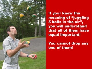 If your know themeaning of “juggling5 balls in the air”,youwill understandthat all of them haveequal important! You cannot drop any one of them!
