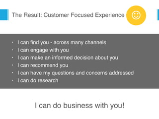 The Result: Customer Focused Experience
• I can find you - across many channels
• I can engage with you
• I can make an informed decision about you
• I can recommend you
• I can have my questions and concerns addressed
• I can do research
<
I can do business with you!
 