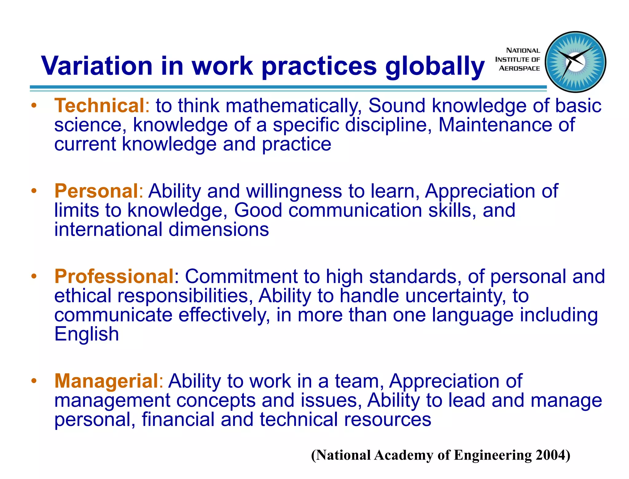 Variation in work practices globally
• Technical: to think mathematically, Sound knowledge of basic
  science, knowledge of a specific discipline, Maintenance of
  current knowledge and practice

• Personal: Ability and willingness to learn, Appreciation of
  limits to knowledge, Good communication skills, and
  international dimensions

• Professional: Commitment to high standards, of personal and
  ethical responsibilities, Ability to handle uncertainty, to
  communicate effectively, in more than one language including
  English

• Managerial: Ability to work in a team, Appreciation of
  management concepts and issues, Ability to lead and manage
  personal, financial and technical resources
                                (National Academy of Engineering 2004)
 