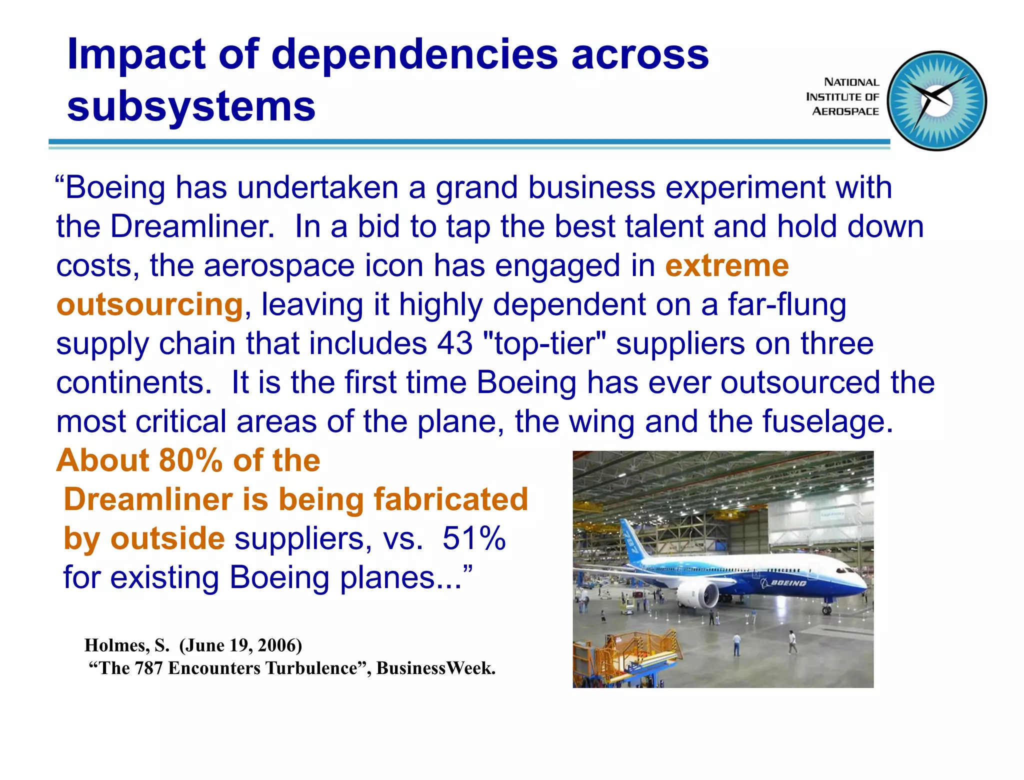 Impact of dependencies across
subsystems
“Boeing has undertaken a grand business experiment with
the Dreamliner. In a bid to tap the best talent and hold down
costs, the aerospace icon has engaged in extreme
outsourcing, leaving it highly dependent on a far-flung
supply chain that includes 43 "top-tier" suppliers on three
continents. It is the first time Boeing has ever outsourced the
most critical areas of the plane, the wing and the fuselage.
About 80% of the
 Dreamliner is being fabricated
 by outside suppliers, vs. 51%
 for existing Boeing planes...”
  Holmes, S. (June 19, 2006)
  “The 787 Encounters Turbulence”, BusinessWeek.
 