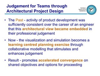 Judgement for Teams through
 Architectural Project Design

• The Past - activity of product development was
  sufficiently consistent over the career of an engineer
  that this architectural view became embedded in
  their professional judgement
• Now - the visualization and simulation becomes a
  learning centred planning exercise through
  collaborative modelling that stimulates and
  enhances judgement
• Result - promotes accelerated convergence on
  shared objectives and options for proceeding
 