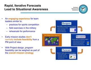 Rapid, Iterative Forecasts
    Lead to Situational Awareness


•   An engaging experience for team
    leaders similar to:
     – practices for sports competition
     – field exercises in the military
     – rehearsals for performance

•   Early mission studies don’t
    normally include feasibility from a
    PM point of view

•   With Project design, program
    feasibility can be weighed as part of
    the overall mission strategy
 