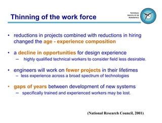 Thinning of the work force

• reductions in projects combined with reductions in hiring
  changed the age - experience composition

• a decline in opportunities for design experience
   – highly qualified technical workers to consider field less desirable.

• engineers will work on fewer projects in their lifetimes
    – less experience across a broad spectrum of technologies

• gaps of years between development of new systems
   – specifically trained and experienced workers may be lost.


                                         (National Research Council, 2001)
 