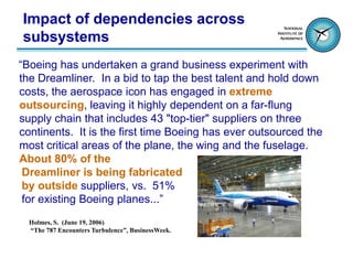 Impact of dependencies across
subsystems
“Boeing has undertaken a grand business experiment with
the Dreamliner. In a bid to tap the best talent and hold down
costs, the aerospace icon has engaged in extreme
outsourcing, leaving it highly dependent on a far-flung
supply chain that includes 43 "top-tier" suppliers on three
continents. It is the first time Boeing has ever outsourced the
most critical areas of the plane, the wing and the fuselage.
About 80% of the
 Dreamliner is being fabricated
 by outside suppliers, vs. 51%
 for existing Boeing planes...”
  Holmes, S. (June 19, 2006)
  “The 787 Encounters Turbulence”, BusinessWeek.
 