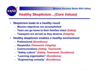 Mission Success Starts With Safety

        Healthy Skepticism…(Core Values)

• Skepticism leads to a healthy result
   – Mission objectives are accomplished
   – Team can go home to their families intact (Safety)
   – Taxpayers are served as they deserve (Integrity)

• Healthy skepticism enables a healthy environment
   –   Professional (Excellence)
   –   Respectful (Teamwork, Integrity)
   –   Communications (Safety, Teamwork)
   –   “Safety culture” (Safety, Teamwork, Excellence)
   –   “Learning organization” (Excellence)
   –   “Engineering curiosity” (Excellence)


                                                          6 Feb 07
 