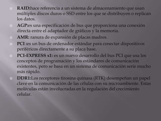    RAID:hace referencia a un sistema de almacenamiento que usan
    múltiples discos duros o SSD entre los que se distribuyen o replican
    los datos.
   AGP:es una especificación de bus que proporciona una conexión
    directa entre el adaptador de gráficos y la memoria.
   AMR: ranura de expansión de placas madres.
   PCI :es un bus de ordenador estándar para conectar dispositivos
    periféricos directamente a su placa base.
   PCI-EXPRESS x1: es un nuevo desarrollo del bus PCI que usa los
    conceptos de programación y los estándares de comunicación
    existentes, pero se basa en un sistema de comunicación serie mucho
    más rápido.
   DDR1:Los receptores tirosina quinasa (RTK) desempeñan un papel
    clave en la comunicación de las células con su microambiente. Estas
    moléculas están involucradas en la regulación del crecimiento
    celular.
 