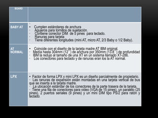 BOARD
BABY AT
·
• Cumplen estándares de anchura
· Agujeros para tornillos de sujetación.
· Contiene conector DIM de 5 pines para teclado.
· Ranuras para tarjeta
· Tiene diferentes longitudes (mini AT, micro AT, 2/3 Baby o 1/2 Baby).
AT
NORMAL
·
• Coincide con el diseño de la tarjeta madre AT IBM original.
· Medía hasta 304mm (12``) de anchura por 350mm (13.8``) de profundidad
· IBM la redujo al tamaño de una XT en un sistema llamado XT-286.
· Los conectores para teclado y de ranuras eran los la AT normal.
LPX
·
• Factor de forma LPX y mini LPX es un diseño parcialmente de propietario.
· Las ranuras de expansión están montadas en una tarjeta vertical de bus
que se inserta a la tarjeta madre.
· La ubicación estándar de los conectores de la parte trasera de la tarjeta.
· Tiene una fila de conectores para video (VGA de 15 pines), un paralelo (25
pines), 2 puertos seriales (9 pines) y un mini DIM tipo PS/2 para ratón y
teclado.
 