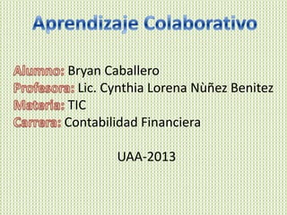 Bryan Caballero
Lic. Cynthia Lorena Nùñez Benitez
TIC
Contabilidad Financiera
UAA-2013
 
