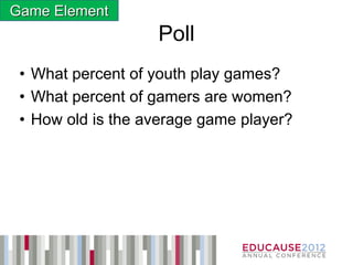 Game Element
                   Poll
 • What percent of youth play games?
 • What percent of gamers are women?
 • How old is the average game player?
 