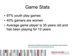 Game Stats
• 97% youth play games
• 40% gamers are women
• Average game player is 35 years old and
  has been playing for 12 years



               Entertainment Software Association’s annual study of game players
               http://www.theesa.com/facts/gameplayer.asp
 