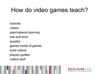 How do video games teach?

tutorials
videos
peer/network learning
trial and error
puzzles
games inside of games
build culture
players guides
collect stuff
 
