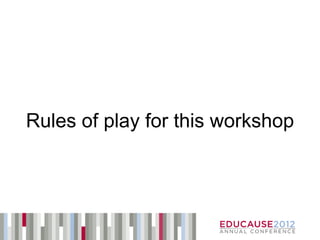 Rules of play for this workshop
 