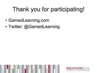 Thank you for participating!
• GamedLearning.com
• Twitter: @GamedLearning
 