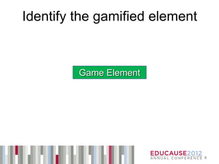 Identify the gamified element



         Game Element




                                8
 