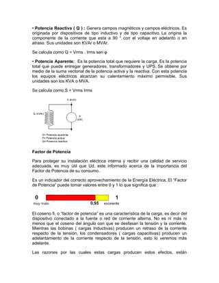 de la Energía Reactiva

nas eléctricas ( motores, transformadores……. ) alimentadas en corriente alterna
funcionamiento dos tipos de Energía.
• Potencia Reactiva ( Q ) : Genera campos magnéticos y campos eléctricos. Es
: Es la que se originada por dispositivos de tipo inductivo y de pérdidas).
transforma íntegramente en trabajo o en calor ( tipo capacitivo. La origina la
componente de la corriente que esta a 90 ° con el voltaje en adelanto o en
Se mide en Kw/h.
atraso. Sus unidades trasiego de energía
: Se pone de manifiesto cuando existe un son KVAr o MVAr.activa entre la fuente y
la carga. Generalmente esta asociada a los campos magnéticos internos de los
Se calcula como Q = Vrms . Irms sen φ
motores y transformadores. Se mide en Kvar/h. Como esta energía provoca
sobrecarga en lasPotencia Aparente: Es generadoras, sin producir un trabajocarga. Es la potencia
• líneas transformadoras y la potencia total que requiere la
útil, es necesario neutralizarla o compensarla.
total que puede entregar generadores, transformadores y UPS. Se obtiene por

medio de la suma vectorial de la potencia activa y la reactiva. Con esta potencia
generan energía reactiva de sentido inverso a la consumida calentamiento máximo permisible. Sus
los equipos eléctricos alcanzan su en la instalación. La
os neutraliza el efecto de las perdidas por campos magnéticos
unidades son los KVA o MVA.
tores se reduce el consumo total de energía ( activa + reactiva).
Se calcula como S = Vrms Irms

CIET

Consultora en Instalaciones
Eléctricas y Termomecánicas

E ES EL FACTOR DE POTENCIA ?

roteger su instalación eléctrica interna y recibir una calidad de servicio adecuada, es muy útil
d. este informado acerca de deimportancia del Factor de Potencia de su consumo.
Factor la Potencia
E. Pincolini
www.cietconsultora.com.ar
su instalación eléctrica Cel 54-261 6-12-7331
onsultora.com.ar Para protegerTel/Fax 54-261-4251159 interna y recibir una calidad de servicio
tor de Potencia
adecuada, es muy útil que Ud. este informado acerca de la importancia del
Factor de Potencia de su consumo.

ndicador del correcto aprovechamiento de la Energía Eléctrica.
Es un indicador del correcto aprovechamiento de la Energía Eléctrica. El “Factor
actor de Potencia” de Potencia”valores entre 0 y 1 lo que significa 1 lo :que significa que :
puede tomar puede tomar valores entre 0 y que

El coseno fi, o “factor de potencia” es una característica de la carga, es decir del
emplo, si el Factor dispositivo es 0.95 ( valor la fuente o redpor la prestadora para potencias ni más ni
de Potencia conectado a mínimo exigido de corriente alterna. No es
menos del total de la del ángulo con por se desfasan la tensión la
ores a 100 KW ) indica queque el coseno energía abastecidaque la Distribuidora solo el 95y% corriente.
zada por el Cliente Mientras que el 5 % restante es energía que se desaprovecha. retraso de la corriente
mientras las bobinas ( cargas Inductivas) producen un
respecto de la tensión, los condensadores ( cargas capacitivas) producen un
artefactos tales como ( focos), planchas, estufas eléctricas, calefones eléctricos, toda la energía
adelantamiento de la corriente respecto de la tensión, el Factor de
quieren para su funcionamiento se transforma en energía calórica, en estos casos esto lo veremos más
adelante.
ia toma valor 1 ( 100 % energía activa).
os artefactos, por ejemplo lavarropas heladeras, equipos de AA, ventiladores y todos aquellos
Las razones por las también los tubos fluorescentes, entre otros, una
seen un motor para su funcionamiento, comocuales estas cargas producen estos efectos, están
de la energía se transforma en energía mecánica, frío, luz o movimiento ( Energía Activa ) y la
estante requiere otro tipo de energía, llamada Energía Reactiva, que es necesaria para su propio
namiento. En estos casos, el factor de Potencia toma valores menores a 1.
iendo, la Energía que se transforma en trabajo, se la denomina ENERGIA ACTIVA, mientras
a usada por el artefacto eléctrico para su propio funcionamiento, se llama ENERGIA

 