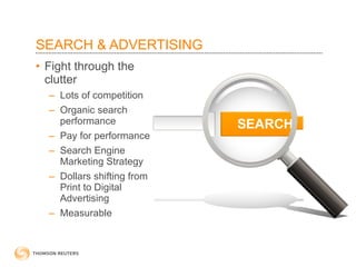 SEARCH & ADVERTISING  Fight through the clutter Lots of competition Organic search performance Pay for performance  Search Engine Marketing Strategy Dollars shifting from Print to Digital Advertising Measurable 
