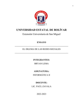 1
UNIVERSIDAD ESTATAL DE BOLÍVAR
Extensión Universitaria de San Miguel
ENSAYO
____________________________________________...