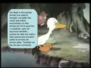 Así llegó a otra granja,
donde una vieja le
recogió y el patito feo
creyó que había
encontrado un sitio
donde por fin le querrían
y cuidarían, pero se
equivocó también,
porque la vieja era mala y
sólo quería que el pobre
patito le sirviera de
primer plato. También se
fue de aquí corriendo.
 