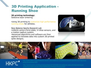 3D Printing Application - 
Running Shoe 
3D printing technology: 
Selective laser sintering 
•Using 3D printing to customize high performance 
running shoes for athletes. 
New Balance Sports Research Lab 
•collects using a force plate, in-shoe sensors, and 
a motion capture system. 
•Advanced algorithms and software are then 
applied to translate data into custom 3D printed 
spike designs. 
http://www.3ders.org/articles/20130307-new-balance-customizes-a-track-specific-running-shoe-using- 
3d-printing.html 
http://www.boston.com/businessupdates/2013/03/08/new-balance-uses-printing-technique-customize- 
track-shoes/v0GgY5NN9efZpCWrfq0pTN/story.html 
 
