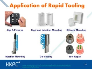 Application of Rapid Tooling 
Jigs & Fixtures Blow and Injection Moulding Silicone Moulding 
29 
Tool Repair 
Injection Moulding Die-casting 
www.javelin-tech.com/3d-printer/applications/molding-tooling/ 
www.eos.info/tooling 
 