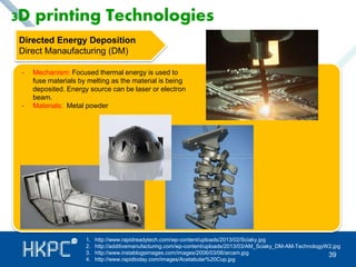 39 
3D printing Technologies 
Directed Energy Deposition 
Direct Manaufacturing (DM) 
- Mechanism: Focused thermal energy is used to 
fuse materials by melting as the material is being 
deposited. Energy source can be laser or electron 
beam. 
- Materials: Metal powder 
1. http://www.rapidreadytech.com/wp-content/uploads/2013/02/Sciaky.jpg 
2. http://additivemanufacturing.com/wp-content/uploads/2013/03/AM_Sciaky_DM-AM-TechnologyW2.jpg 
3. http://www.instablogsimages.com/images/2006/03/06/arcam.jpg 
4. http://www.rapidtoday.com/images/Acetabular%20Cup.jpg 
 