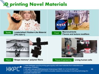 46 
3D printing Novel Materials 
i.materialise® Rubber-Like Material 
[TPU 92A-1] 
Textile Food 
1. www.slashgear.com/3d-printing-gets-squishy-with-new-materials-from-materialise-and-shapeways- 
31284481/ 
2. sbir.gsfc.nasa.gov/SBIR/abstracts/12/sbir/phase1/SBIR-12-1-H12.04-9357.html 
3. www.3ders.org/articles/20131023-cu-boulder-researchers-develop-4-d-printing-technology-for-composite- 
materials.html 
Macronutrients 
Flavors and texture modifiers 
“Shape memory“ polymer fibers Living human cells 
Fibers Tissue Engineering 
 