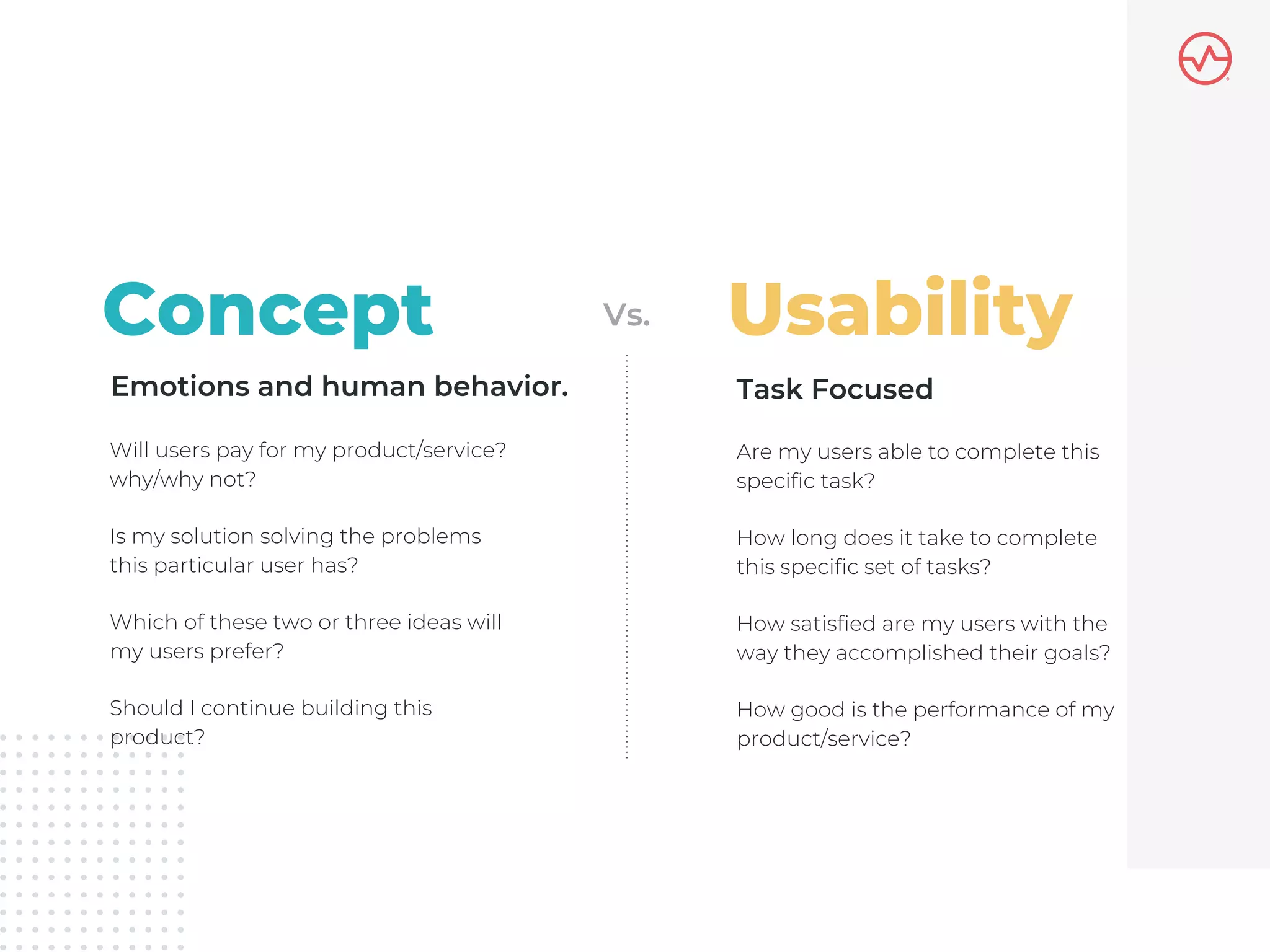 Concept Usability
Emotions and human behavior. Task Focused
Vs.
Will users pay for my product/service?
why/why not?
Is my solution solving the problems
this particular user has?
Which of these two or three ideas will
my users prefer?
Should I continue building this
product?
Are my users able to complete this
specific task?
How long does it take to complete
this specific set of tasks?
How satisfied are my users with the
way they accomplished their goals?
How good is the performance of my
product/service?
 