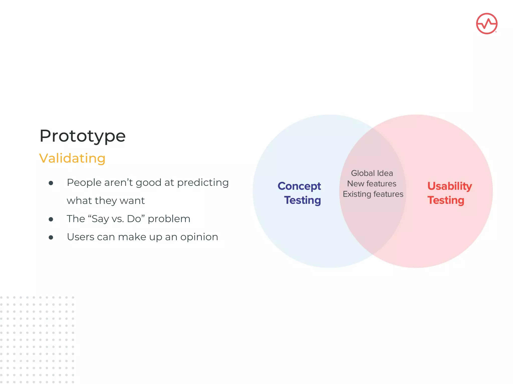 ● People aren’t good at predicting
what they want
● The “Say vs. Do” problem
● Users can make up an opinion
Prototype
Validating
 