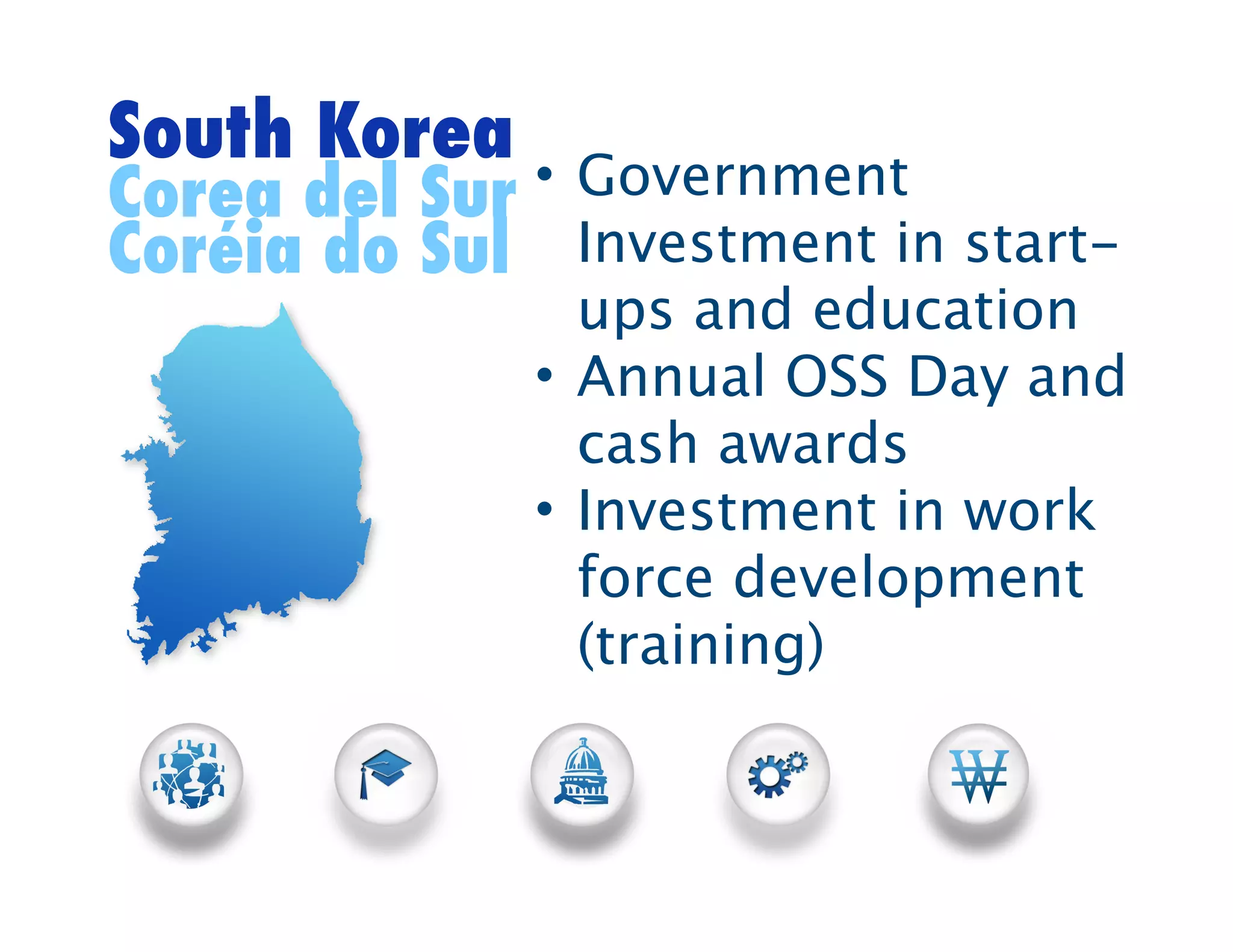 South Korea •
Corea del Sur Government
Coréia do Sul Investment in start-
                ups and education
              • Annual OSS Day and
                cash awards
              • Investment in work
                force development
                (training)
 